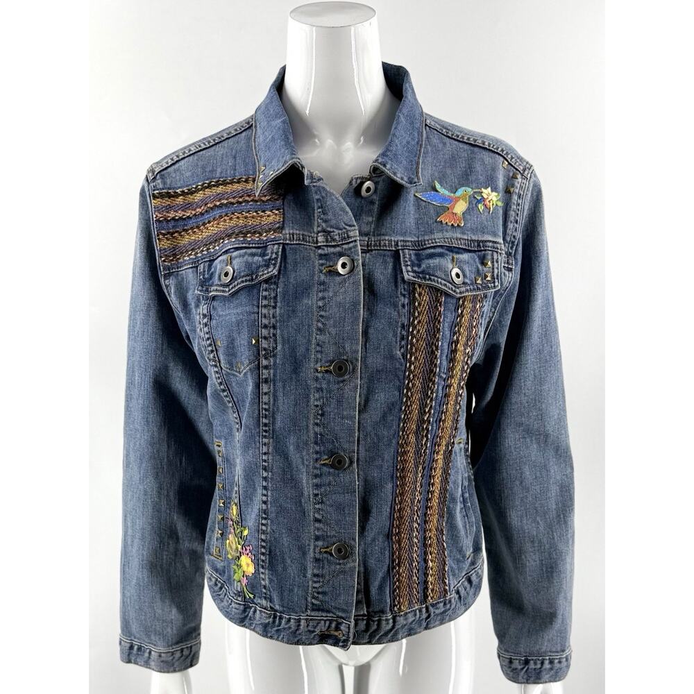 RXB Womens Denim Jean Jacket Size Large Blue Embroidered Hummingbird Floral
